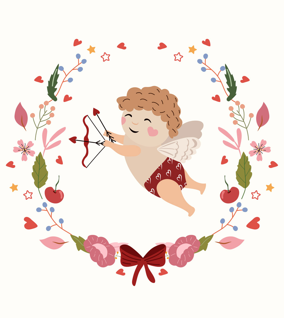 Cute cupid with arrow for valentine's day with leaves and flowers around. Funny cupid as a symbol of love. The concept of St. Valentine Cupid for greeting cards, posters, banners. Vector.